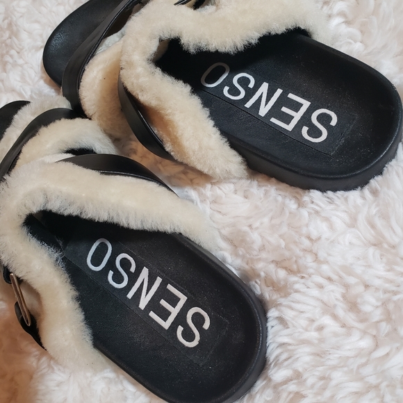 SENSO Dalley Shearling Trim Slides Shoes Sandals Fur Black Ivory Women Like New - Picture 4 of 11
